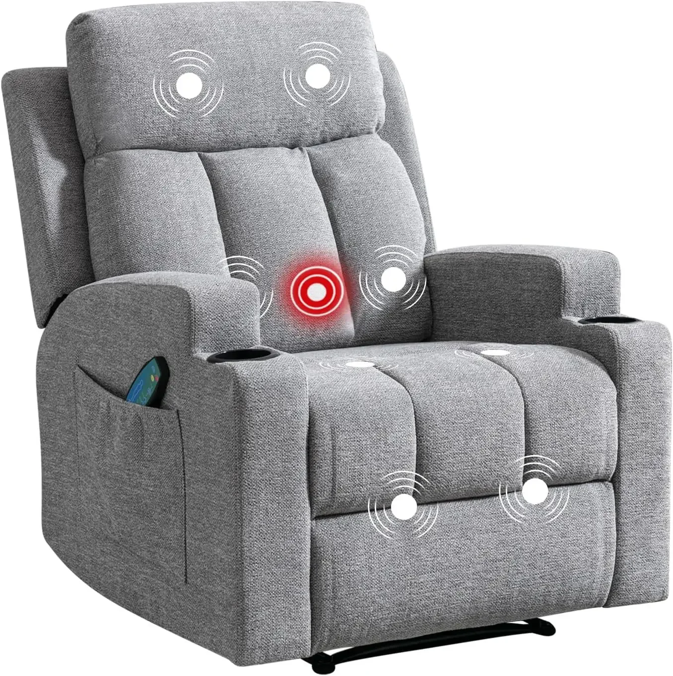 Home Manual Recliner Chair with Massage and Heat for Living Room Overstuffed Breathable Fabric Reclining Chair with 2 Side Pocke