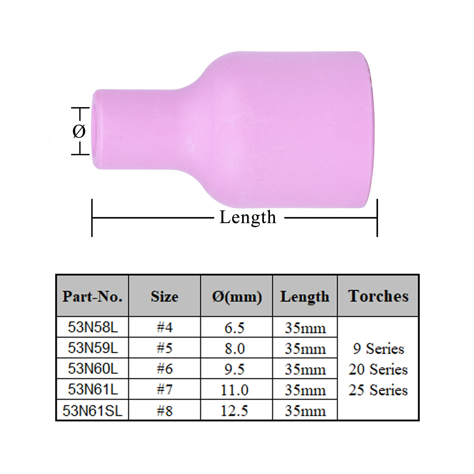 Imagem -03 - Bicos de Alumina para Tig Wp9 17 18 20 26 10 Peças 25.4 mm 53n58 53n59 53n60 53n61 53n61s 35 mm 53n58l 53n59l 53n60l 53n61l 53n61sl