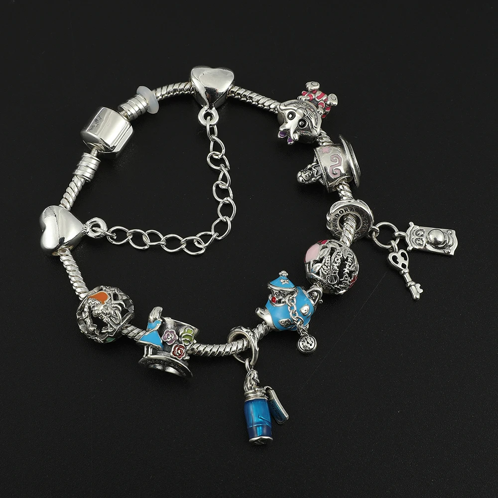 Disney Luxury Charms Bracelet Alice in Wonderland Pulseiras Feminina Silver Plated DIY Fashion Beads Bangle for Women