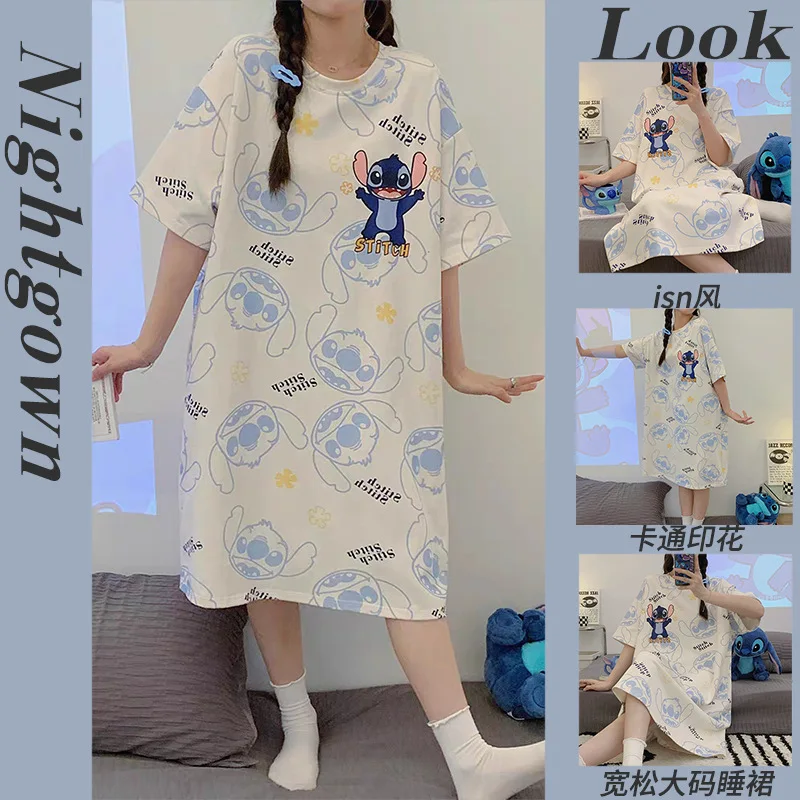 Kawaii Sanrios Women Nightgown Hello Kitty Kuromi My Meloody Cinnamoroll Girls Loose Soft Summer Short-sleeved Pajamas Homewear