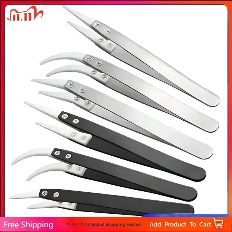 

Anti-static Ceramic Stainless Steel Tweezers Maintenance Industrial Precision Curved Straight Tweezers Repair Tools
