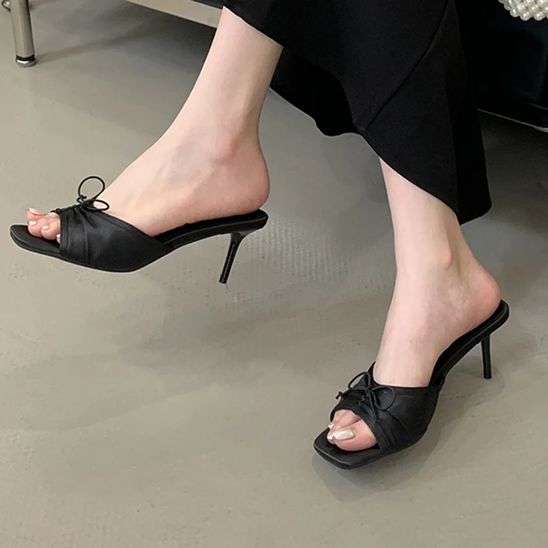 

Summer Women Slippers Fashion Square Toe Designer Shoes Ladies Party Dress Butterfly-kont Mules Slip On Sandals Thin High Heels