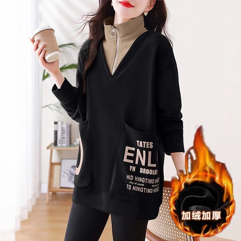

2025 Winter New Plus-Size Sweater Women Velvet Thickening Fake Two-Piece Stand-Up Collar Zipper Pullover Tops Pocket Sweatshirt