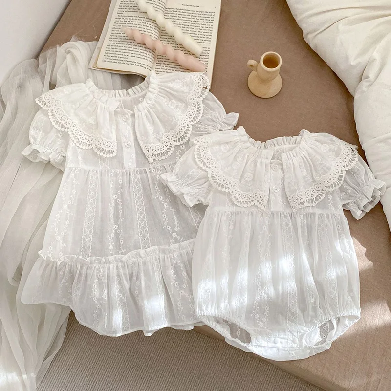 New Summer Sisters Clothes Kids Party Dress Girls Princess Dress Short Sleeved Cotton White Lace Sisters Toddler Baby Bodysuits