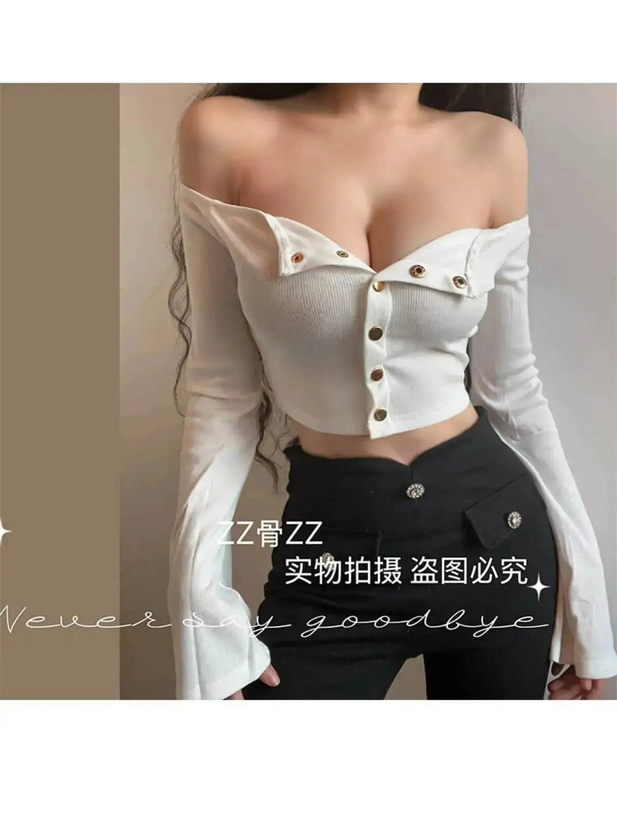 Spring New Sweet Sexy Off Shoulder Single Breasted Trumpet Sleeve Short Solid Color T-shirt Women Tshirt Tees Fashion 3OXU
