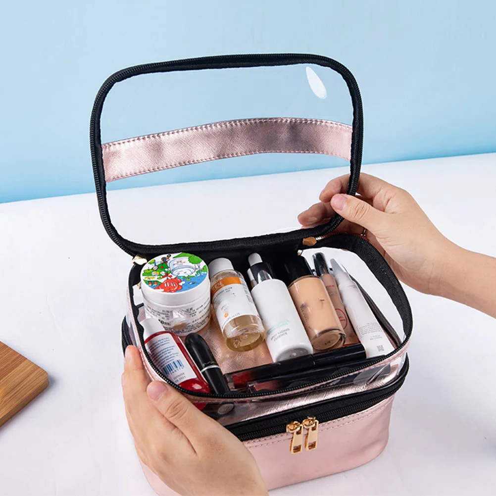 

Transparent Travel Toiletry Bag Pink Tote High Capacity Pu Double Layers Storage Makeup Waterproof ganizer