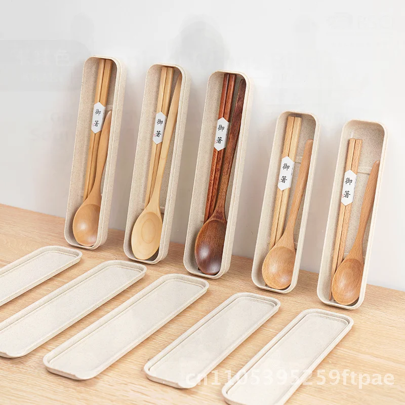 Portable Beech Wooden Tableware Set with Chopsticks And Spoon Storage for Outdoor Travel Primary School Students Japanese Style