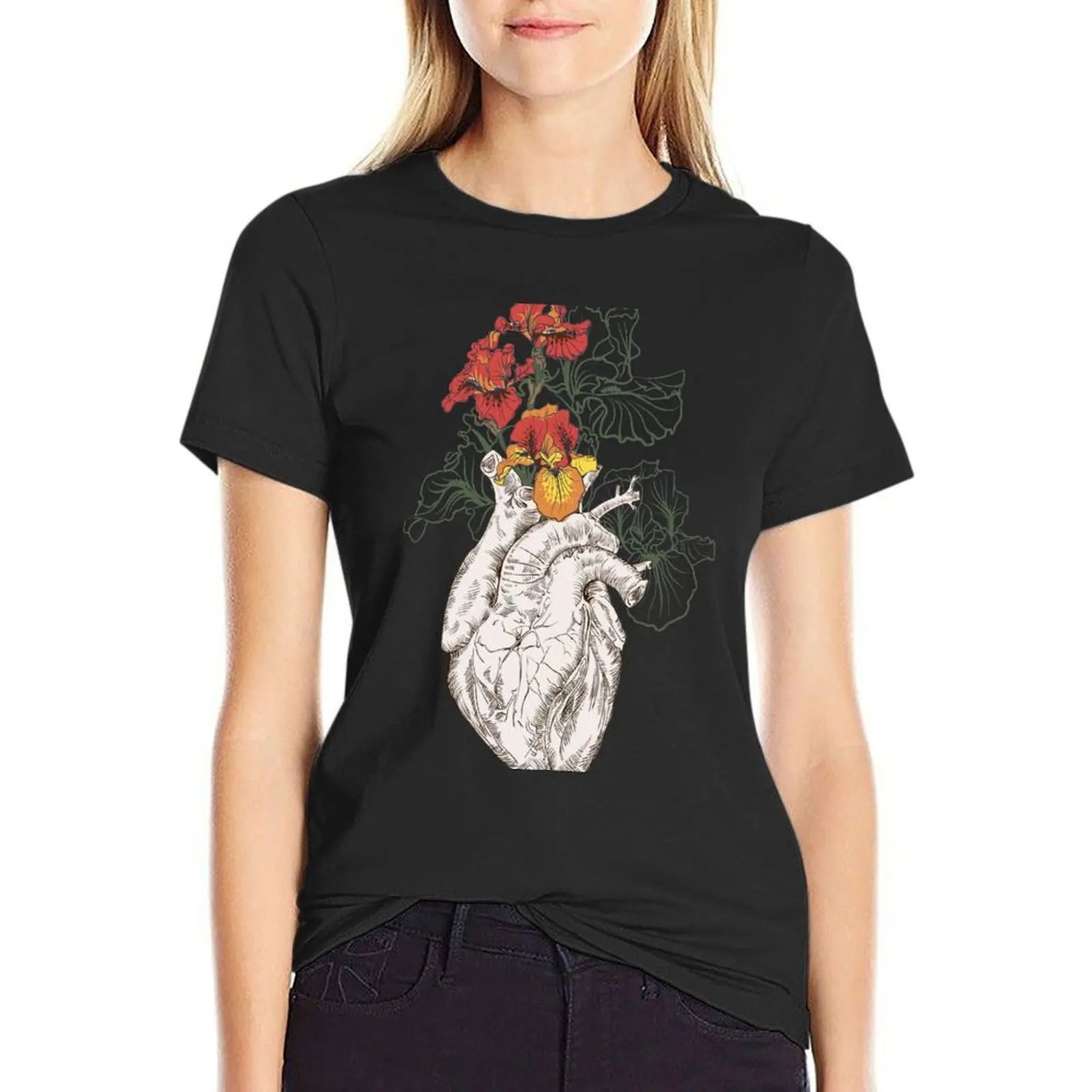 

drawing Human heart with flowers T-Shirt tops customs design your own animal prinfor tops for Women