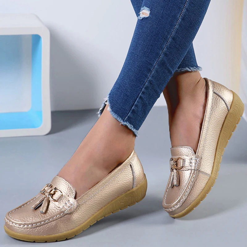 Women Flats Fashion Genuine Leather Wedge Casual Shoes Women Ballerina Nurse Shoes Moccasins Walking Shoes Woman Plus Size