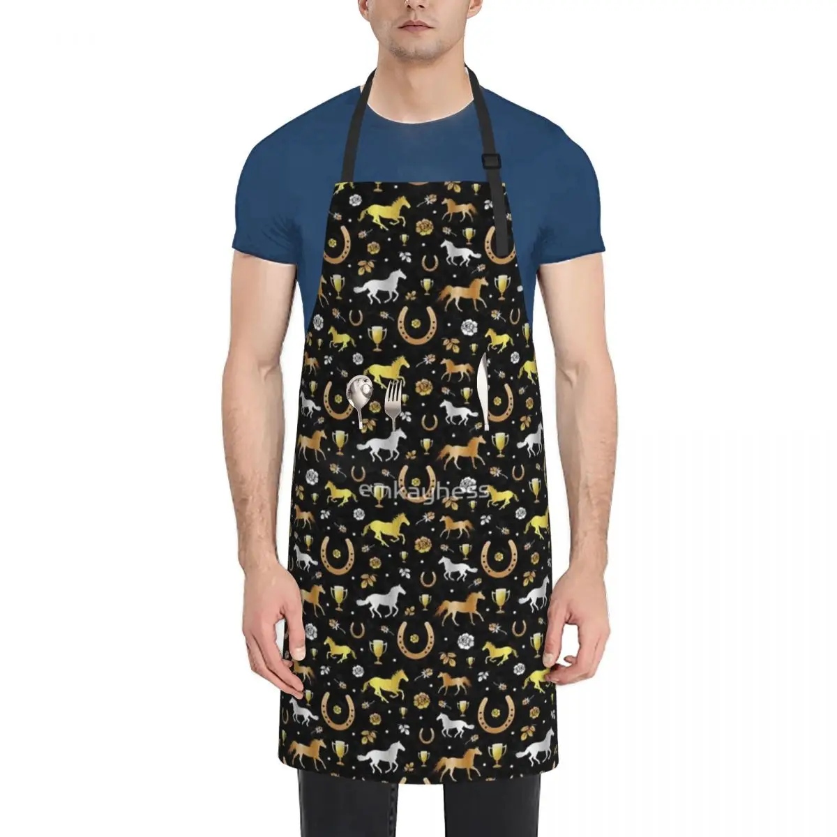 

Horse Racing Derby Day Party Black Gold Pattern Fashion Dacron Kitchen Aprons For Woman Men Chef Work