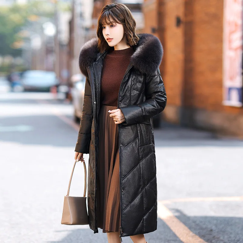 

2024Haining's new winter genuine leather down fox collar hooded casual and fashionable genuine leather sheepskin jacket