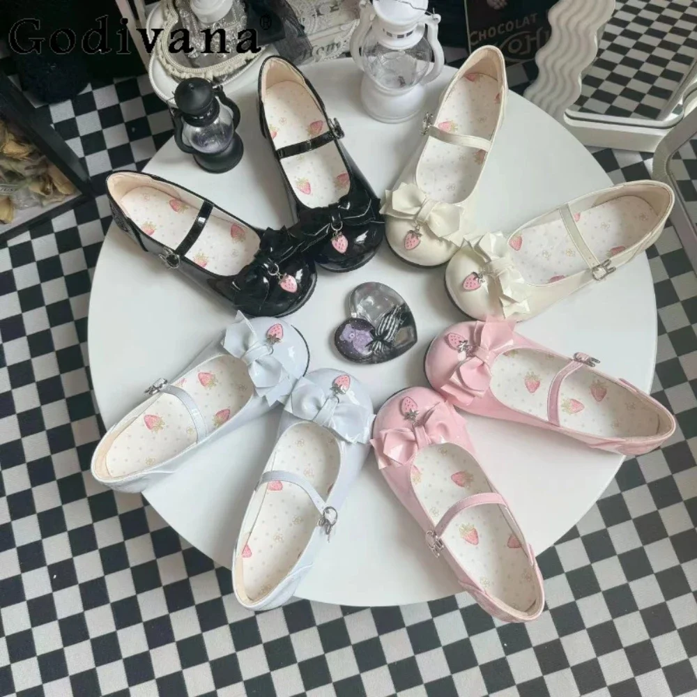 

Kawaii Bow High Heels Elegant Princess Leather Shoe Cute Low Heel Summer Heel Black Girls Single Shoes