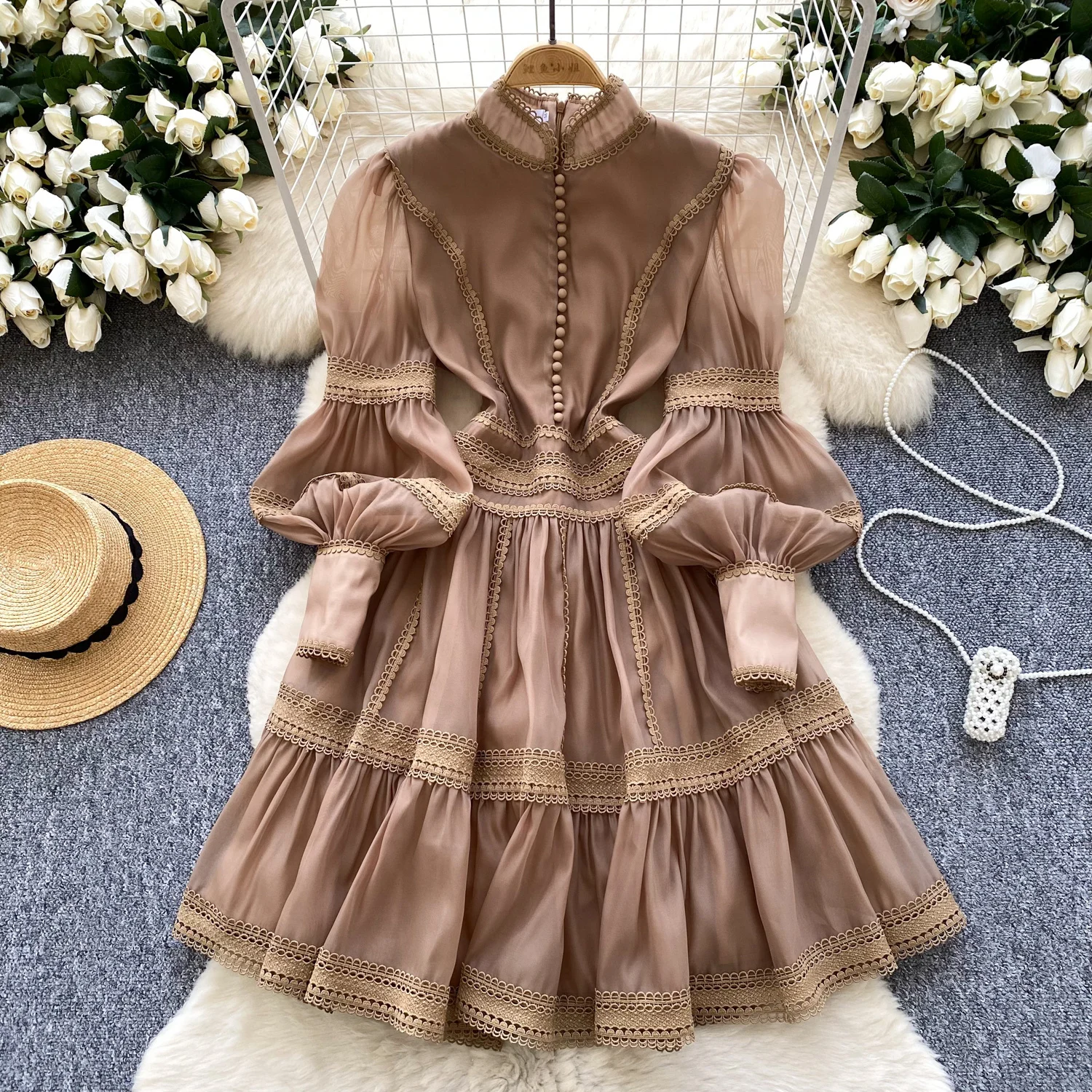 Luxury Short Dresses Shirt Women Spring Autumn Single Breasted Stand Collar Embroidered Crochet Formal Occasion Party Vestidos