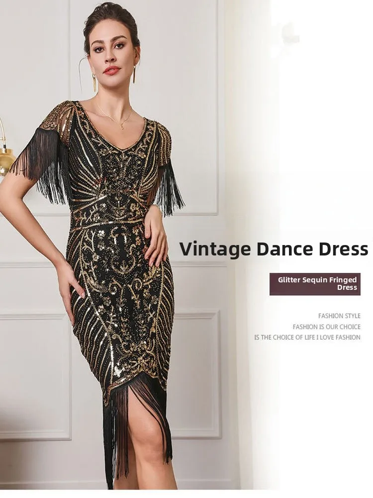 레트로 스팽글 태슬 드레스, 이브닝 가운, 하이 웨이스트 바디콘 드레스, 파티, 할로윈 댄스, 섹시 비즈 장식 드레스