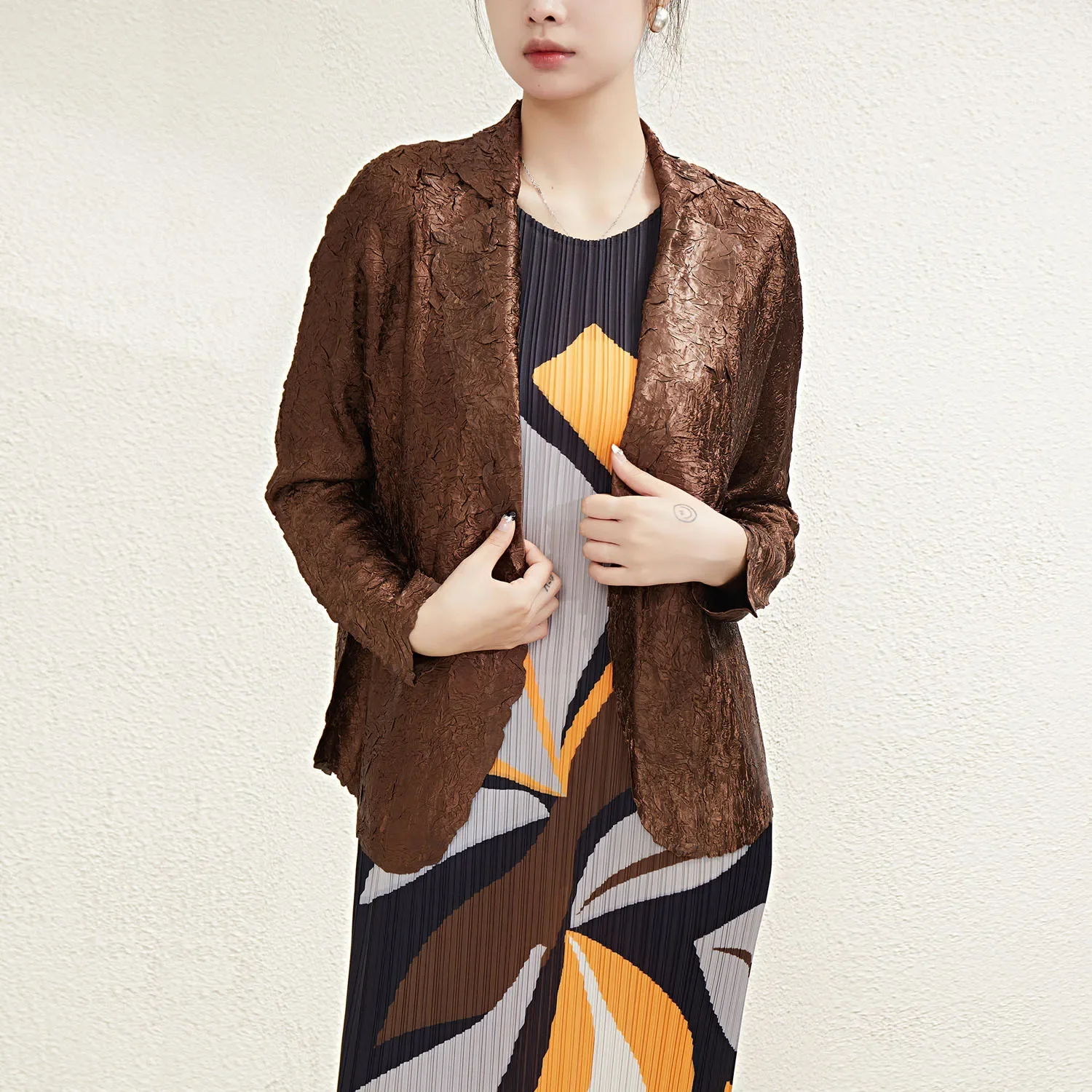 Miyake Women Crinkle Texture Blazer Lapel Single Button Long Sleeve Loose Fit Pleated Casual Jacket