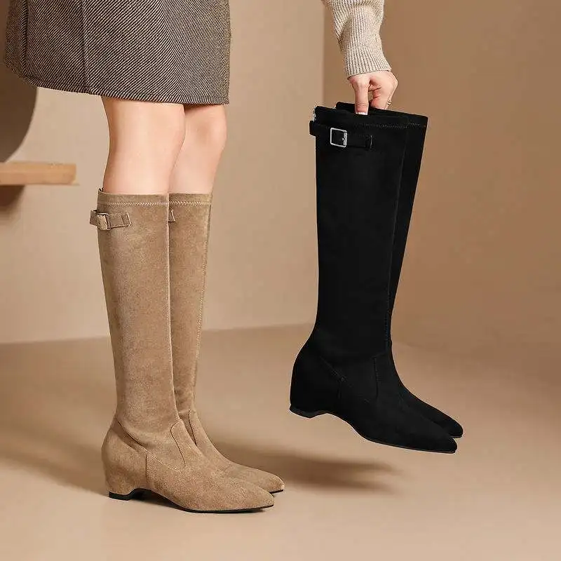 Krazing Pot New Flock Pointed Toe Thick Heels Knight Riding Boots Big Size 43 Causal British School Solid Color Thigh High Boots