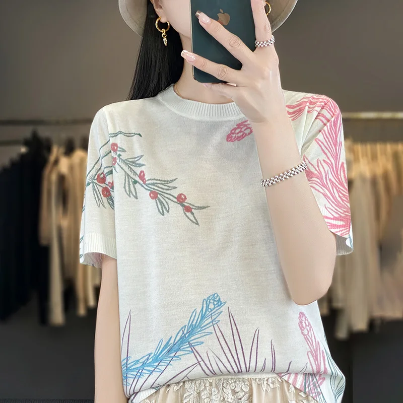 Worsted Wool Knitted Short-Sleeved T-Shirt Women\'s Summer Thin Round Neck Mulberry Silk Printed T-Shirt Loose Half-Sleeve Top