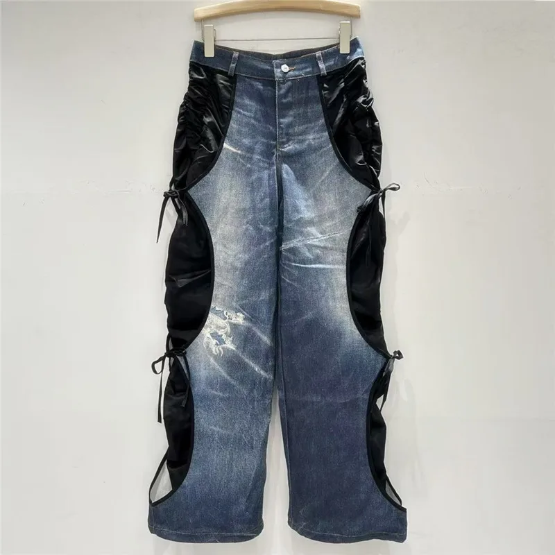 

SuperAen персонализированные полые джинсы с цветными блоками для женщин, новые осенние свободные широкие брюки с высокой талией