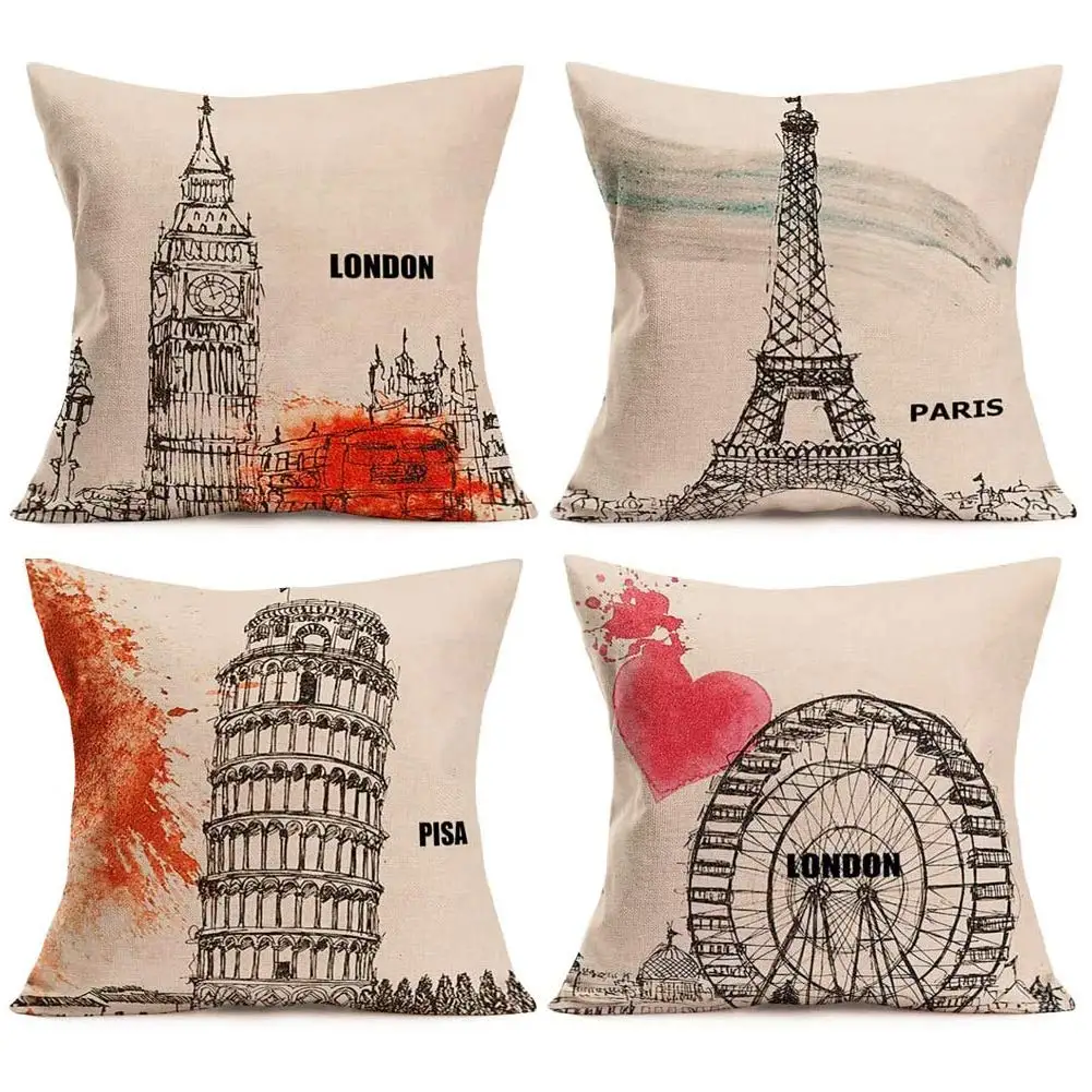 Leaning Tower of Pisa Eiffel Tower Big Ben Ferris Wheel Linen Pillowcase 60*60 Sofa Cushion Cover 40*40 Home Decor DIY