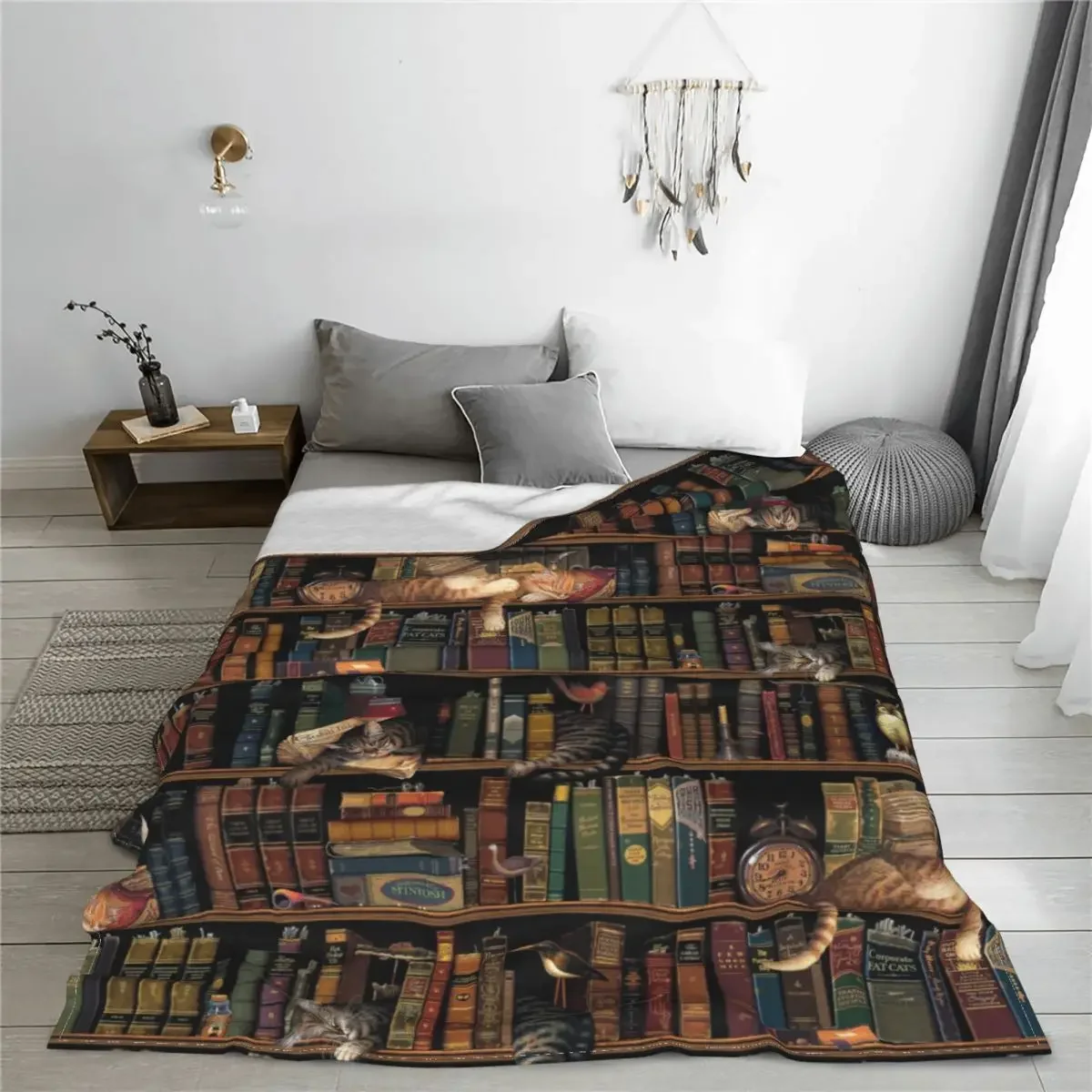 Reading Antique Books Blanket Mysterious Cats Flannel Novelty Warm Throw Blankets for Home Autumn/Winter