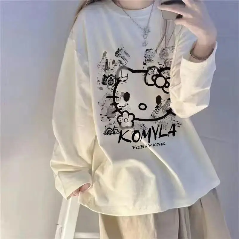 

Sanrio Hello Kitty Girl Student Long Sleeves T-Shirt Spring Autumn Base Layer Kawaii Woman Pullover Cartoon Loose Leisure Tops