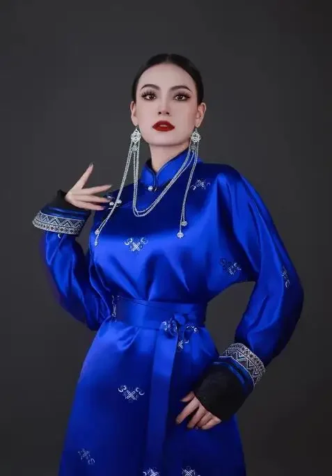 Chinese Satin Mongolian Robe Long Dress With Horseshoe Sleeves And Waistband For Women