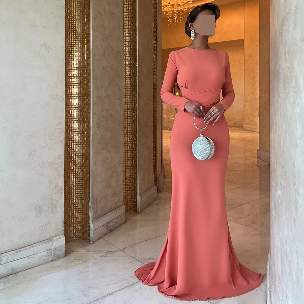 

Elegant Jersey O-Neck Long Sleeves Mermaid Evening Dress with Court Train Solider Color Formal Prom Gowns Robe de soirée