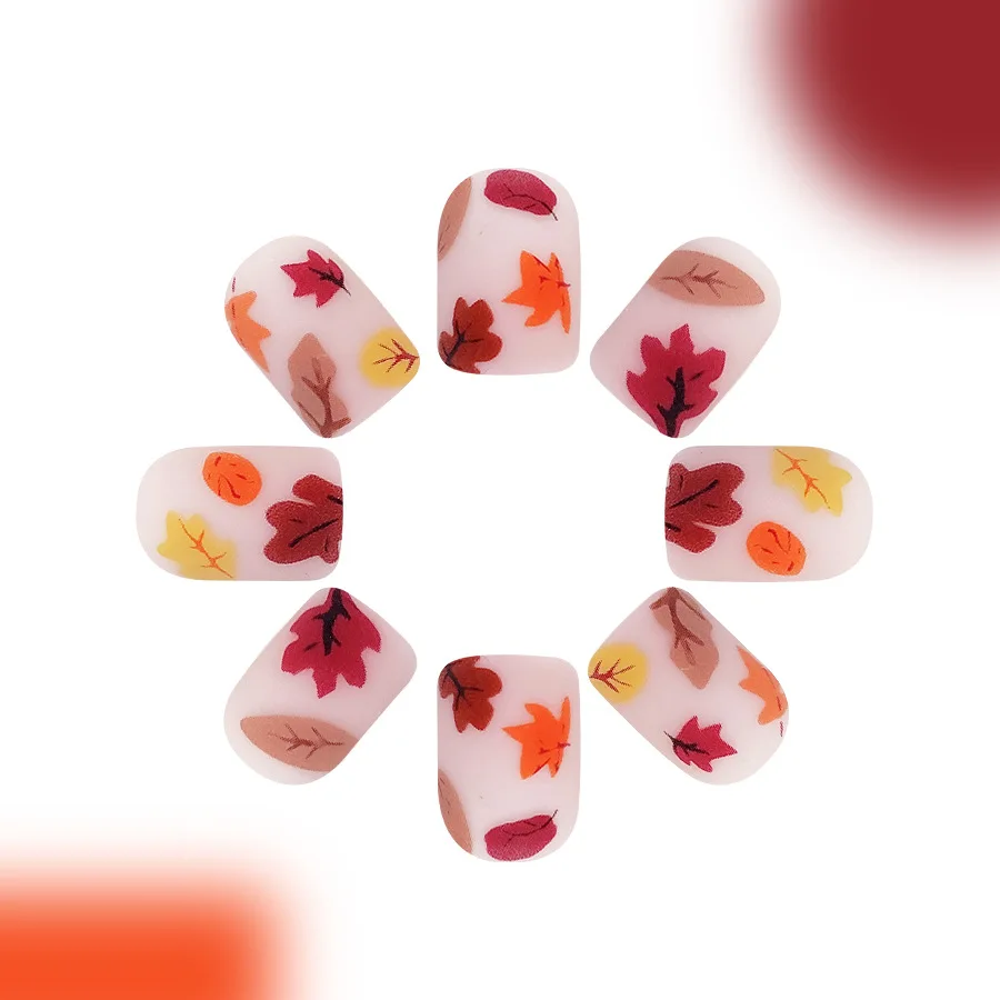 24Pcs Short Square Press on Nail Fiery Red Maple Leaves Gentle Falling leave Fake Nail Autumn and Winter wearable Nail for Women