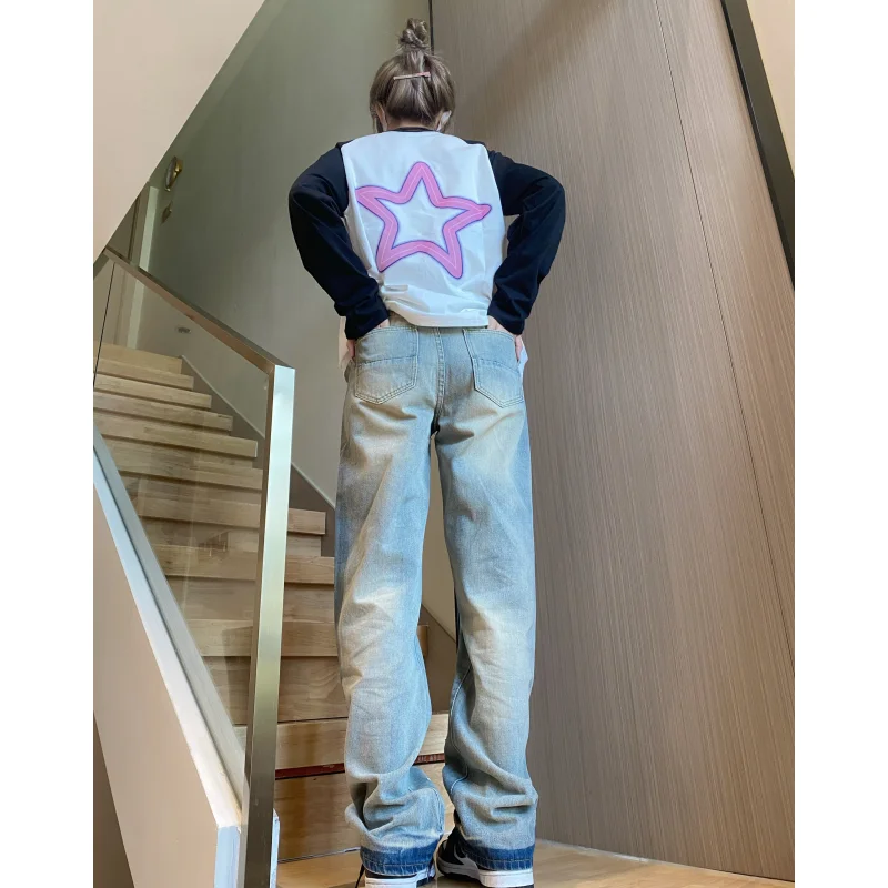 Jean Bleu Vintage pour Femme, Taille Haute, Imprimé, Mode Américaine Y2K, Streetwear, Jambes Larges, Surintendant, Pantalon en Denim Baggy, Nouvelle Collection