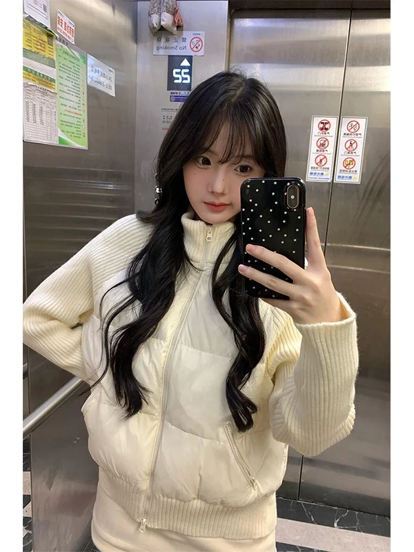

Korean Style Soft White Knitted Splicing Long Sleeve Stand Collar Cotton Jacket Women's Winter Thick Warm Waist-Cinching Oute...