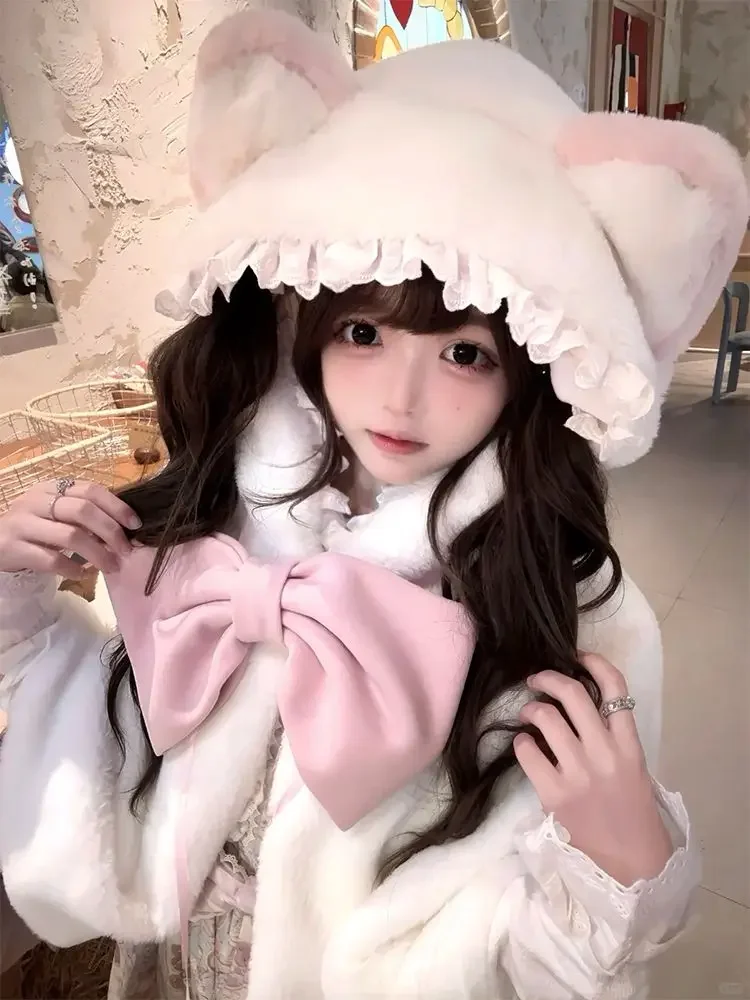 MAGOGO Lolita Sweet Cute Shawl 2024 New Winter Girl Women's Pink Bow Furry Hooded Cloak Jacket Thick Warm Cape Coat Outwear