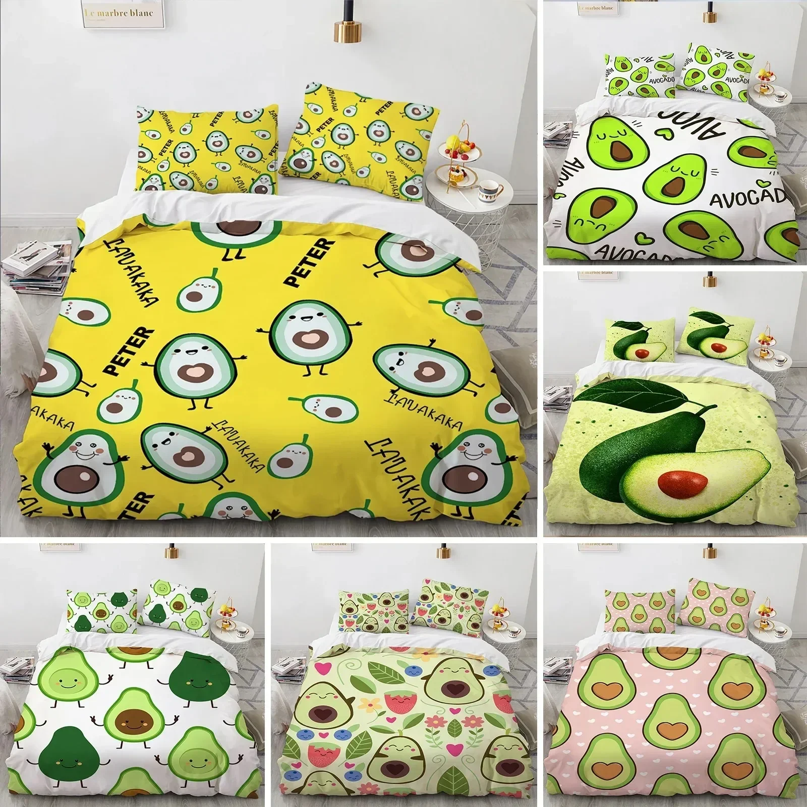 

Cartoon Avocado King Queen Duvet Cover Fruit Funny Expression Bedding Set for Kids Teens Adult Green Quilt Cover with Pillowcase
