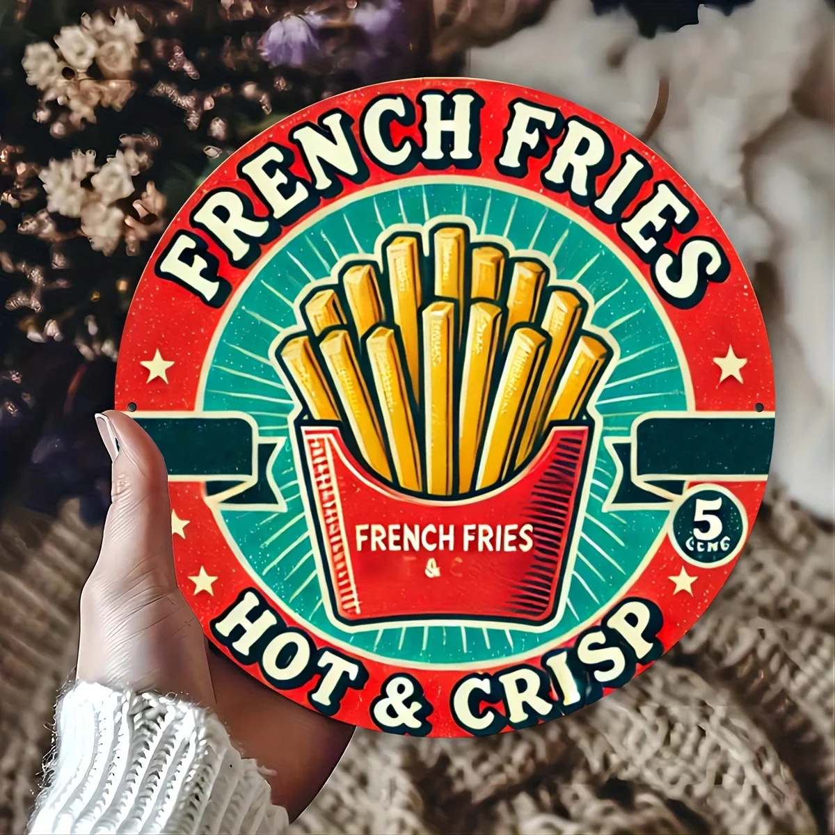 قطعة واحدة من لافتة ألومنيوم كلاسيكية "بطاطس مقلية ساخنة ومريشة" - مقاومة للماء وملونة ثابتة، 7.8 × 7.8 بوصة - فن جداري قديم للمطبخ، Livi #1