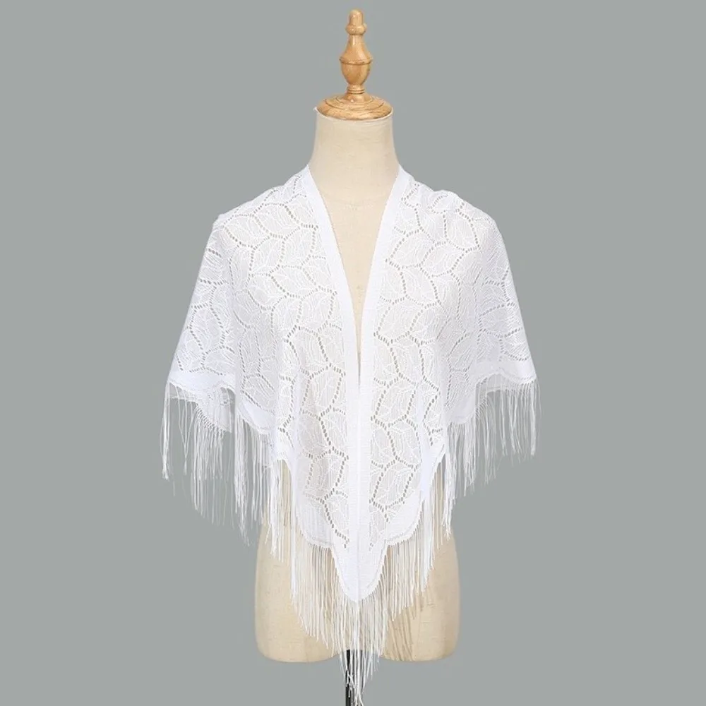 Elegant Polyester Lace Hollow Scarf Embroidery Pure Color Tassel Triangle Shawl White Transparent Mesh Scarves Spring