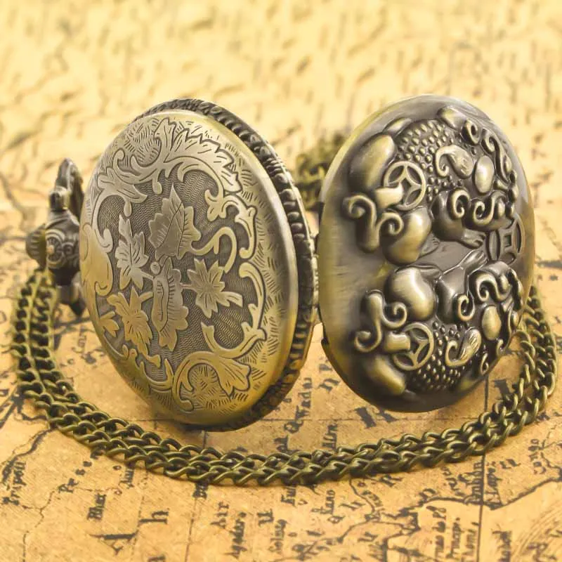 Steampunk 레트로 청동 중국 신화 Pixiu 잠금 부 석영 주머니 시계 목걸이 펜던트 시계 체인 남성 여성 체인 선물