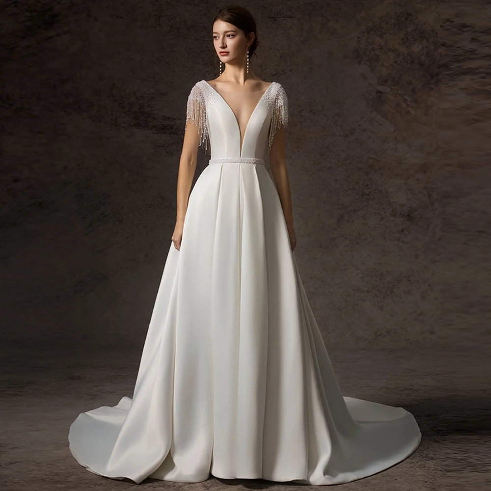 

Luxury Pearls Customized Evening Dress V-Neck Cap Sleeve Wedding Dresses Lace Up Back Court Train Bespoke Occasion Gowns