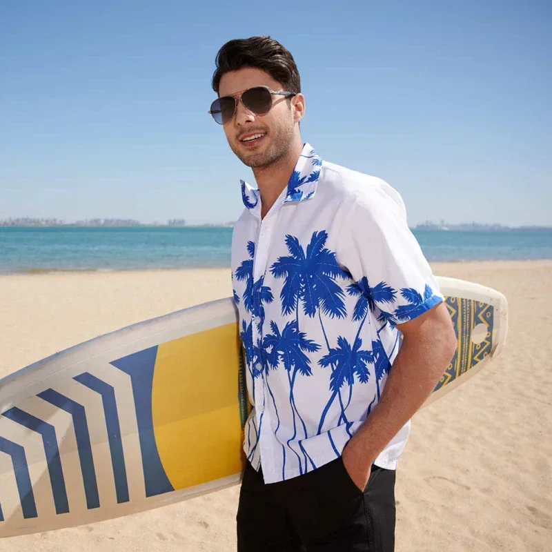 

Summer Fashion Short Sleeve Coconut Tree Printed Hawaiian Shirt Men Polyester Plus Size 4XL 5XL Casual Beach Shirts for Mens