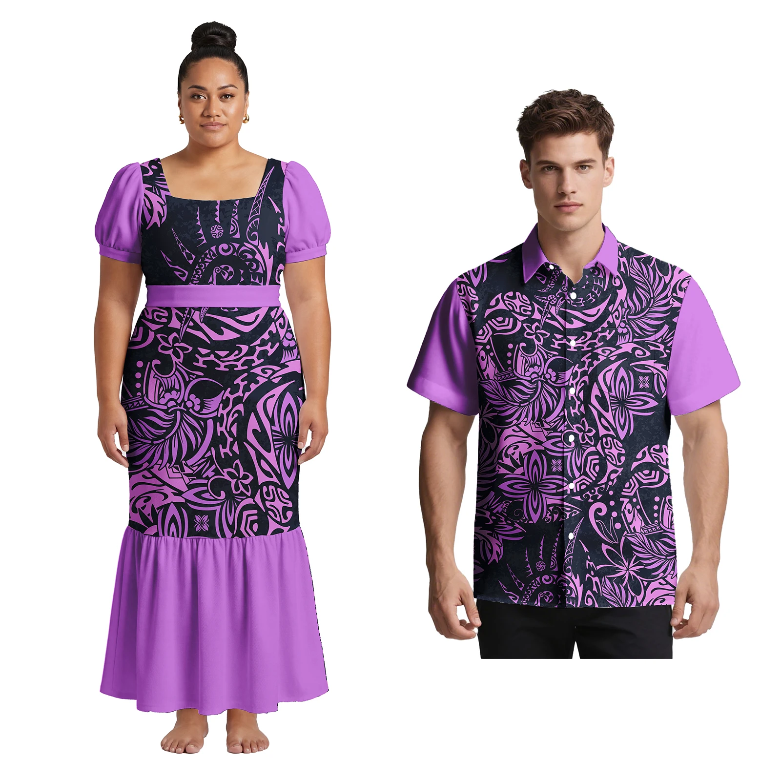 Polynesian Cozy Popular Couple Suit Hawaiian Dress for Ladies Beach Men Shirts Samoan Tribal Holiday Party Couple Match Outfits