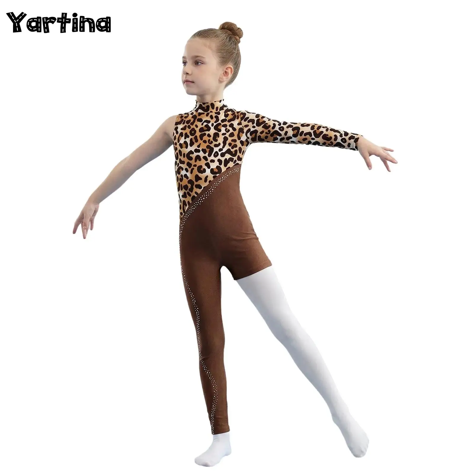 Kids Girls Gymnastics Ballet Leotard Figure Skating Jumpsuit Sparkly Rhinestone Decor Back Zipper Printed Bodysuit Dancewear