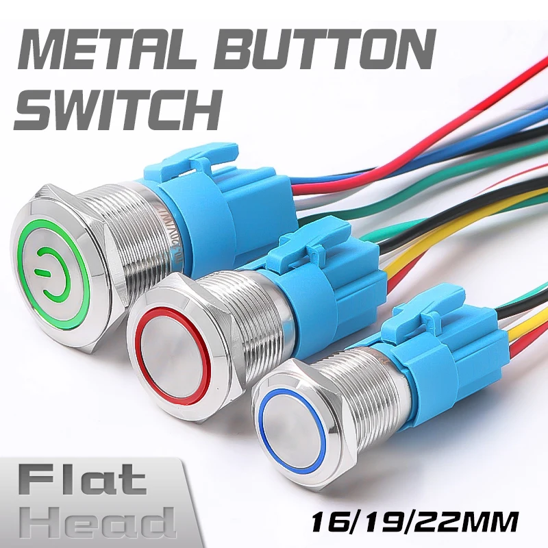 

16/19/22mm Flat Head 5Pin Metal Button Switch With Light 1NO 1NC Momentary Latching Waterproof Power Symbol Start Stop Switch