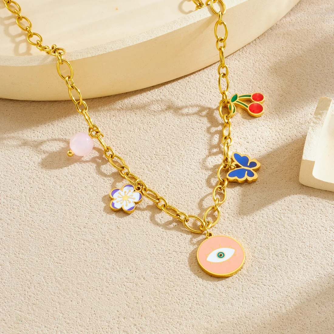 316L Edelstahl Personalisierte Auge Bunte Blume Schmetterling Kirsche Anhänger Halskette Frauen Wasserdicht Schmuck Geschenk