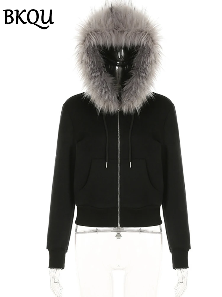 BKQU Gothic Zip Up Women Sweatshirts Y2K Fur Collar Aesthetic Hoodies 2024 chic Long Sleeve Pockets Warm Cardigan Hooded Jackets