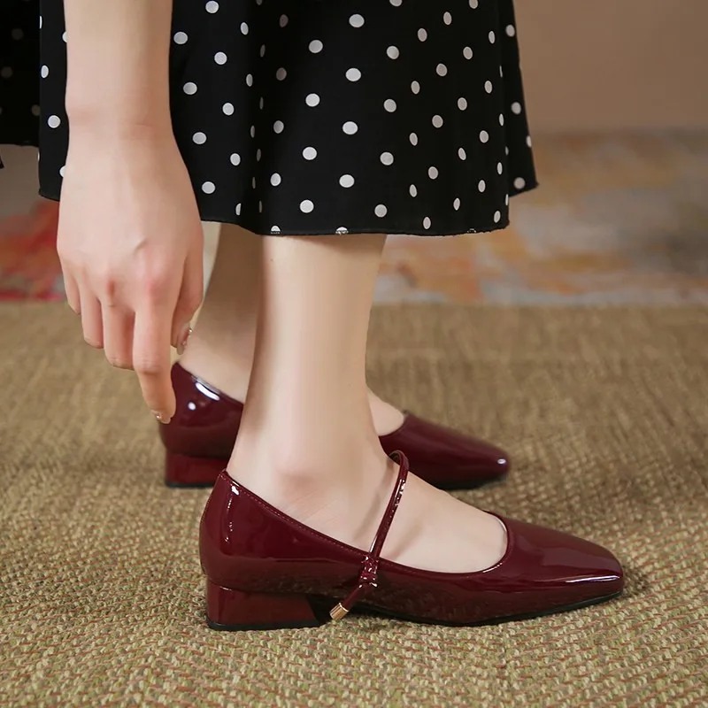 High Heels French Dress Party Shoes for Woman Platform Patent Leather Mary Jane Burgundy Black Square Toe Mid-heel Pumps 2024