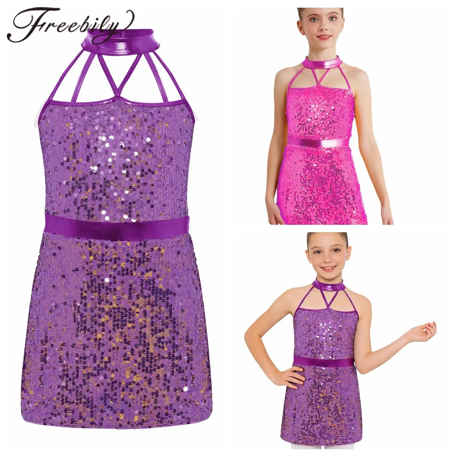 

Детское диско-платье в стиле 70-х для девочек, костюм для джазовых танцев, с блестящими пайетками, без рукавов, на бретелях, для школьных выступлений