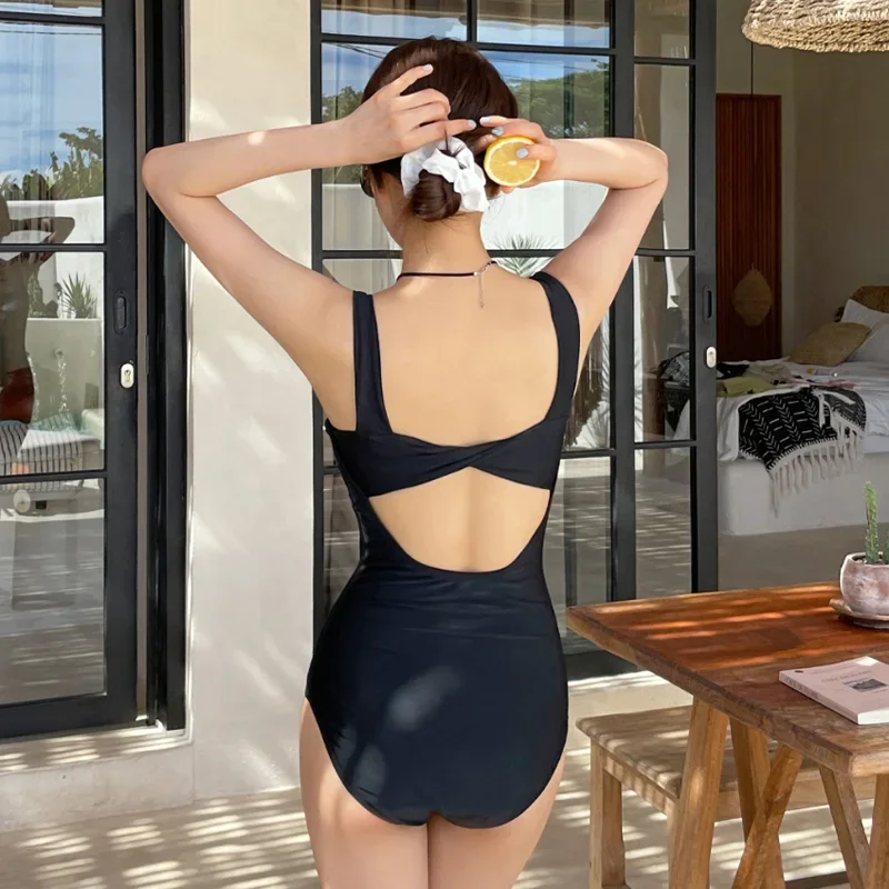 Women Sexy Bandeau One Piece Swimsuit Solid Pink Swimwear Korean Monokini Open Back Backless Trikini Push Up Pad Bathing Suit