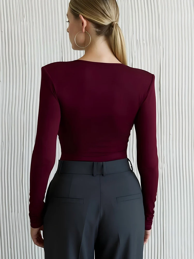 JULISSA MO Sexy Deep V-neck Long Sleeve Women Bodysuit Black High Waist Ruched Playsuit Autumn Slim Elegant Party Clubwear 2025