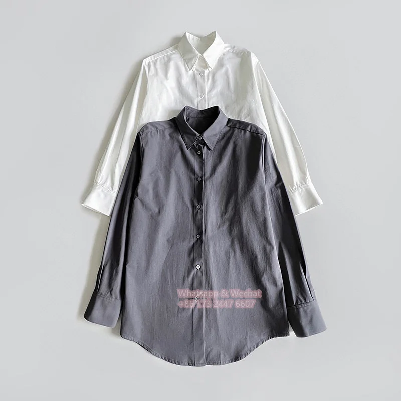 Brand-TheR Women Shirt Blouse Cotton White Gray Front Button Full Sleeve Casual Vintage Oversize Tunr-down Collar