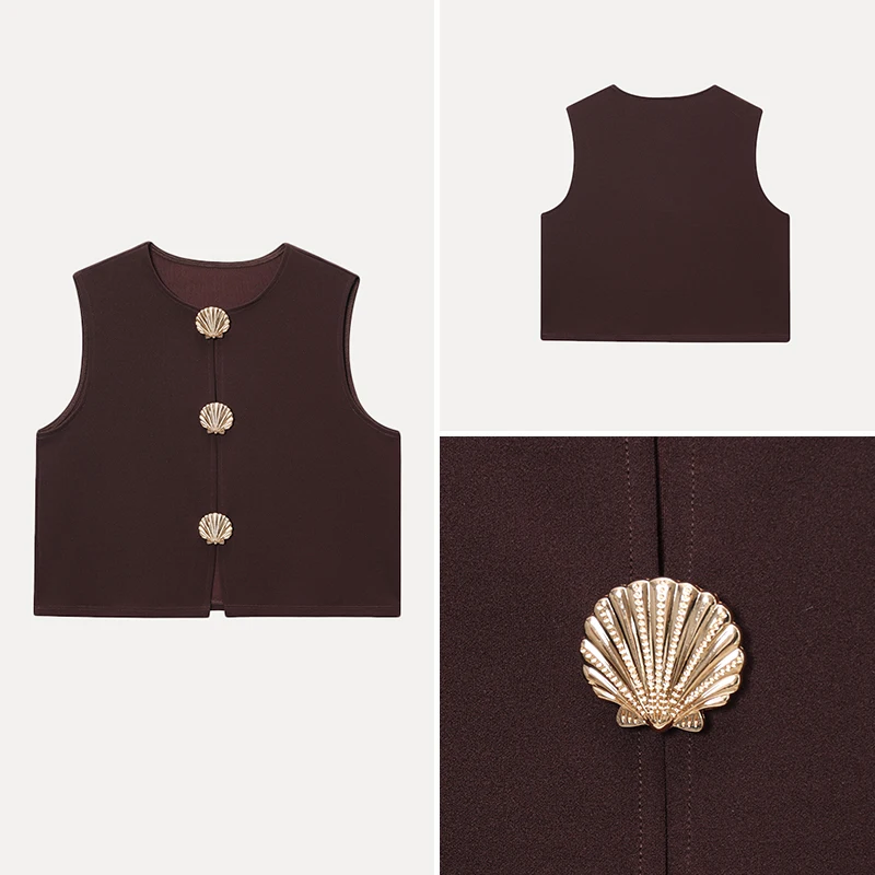 Fashionable Women's Vest 2025 Summer New Style Button Decorated Inner Wear Commute Style round Neck Polyester Fiber Blouse