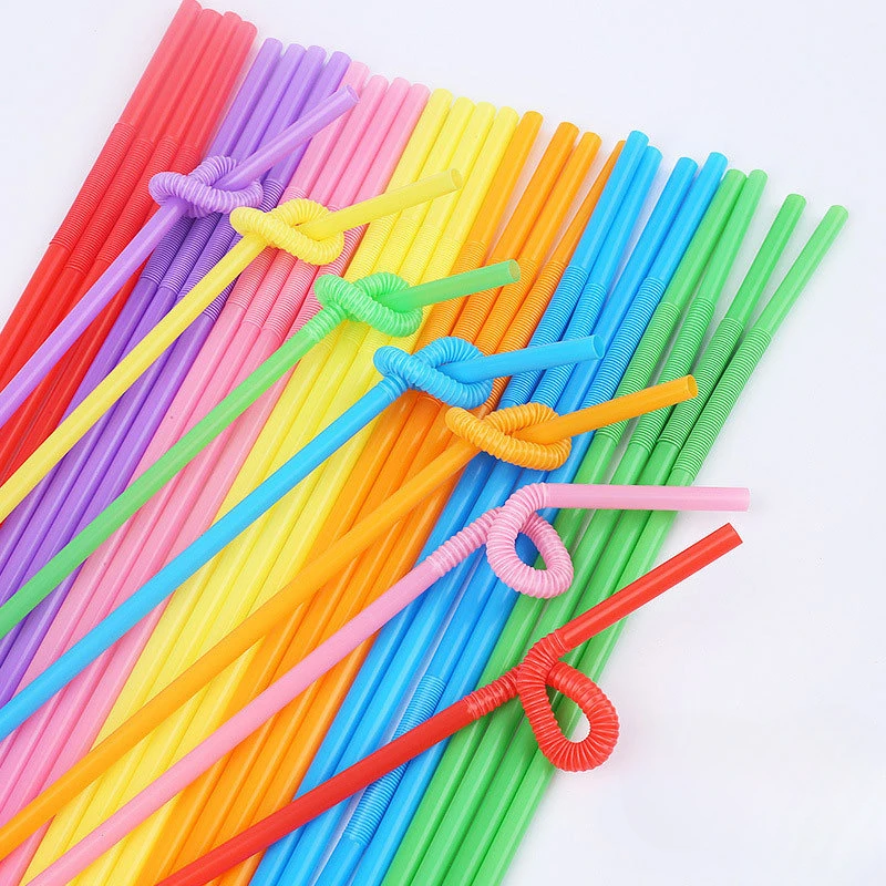 100Pcs Drinking Plastic Straws Colorful Art Long Flexible Wedding Party Supplies Kitchen Accessories