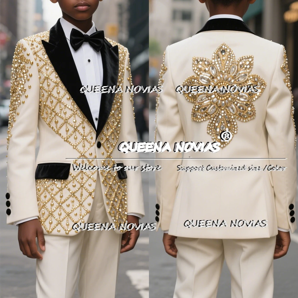 Traje de boda con cuentas de perlas de lujo para niños, conjuntos de 2 piezas, Blazers negros con solapa en pico, esmoquin Formal personalizado para fiesta para niños